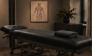 Behandlungsraum mit Therapieliege, gefalteten Handtüchern und einer anatomischen Zeichnung an der Wand