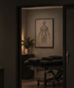 Blick durch die geöffnete Tür in einen Behandlungsraum mit Therapieliege und anatomischer Zeichnung