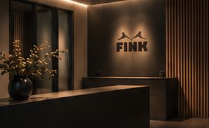 Empfangsbereich der Praxis mit warmem Licht, Holzlamellen und FINK-Schriftzug an der Wand