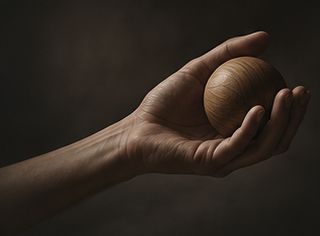 Eine Hand hält einen hölzernen Therapieball