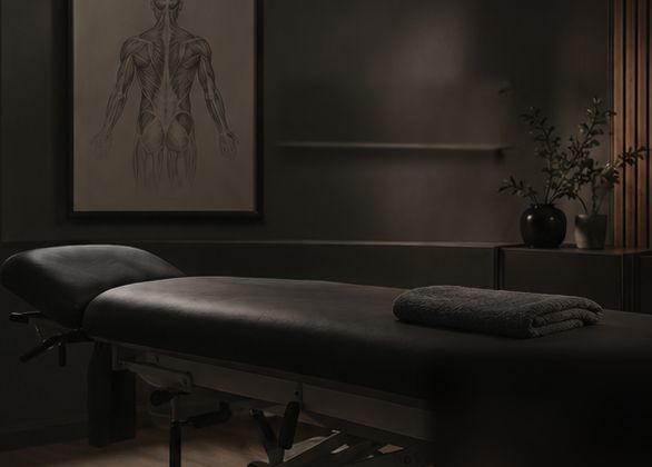 Behandlungsraum der Praxis mit Therapieliege, gefalteten Handtüchern und einer anatomischen Zeichnung im warmen Licht